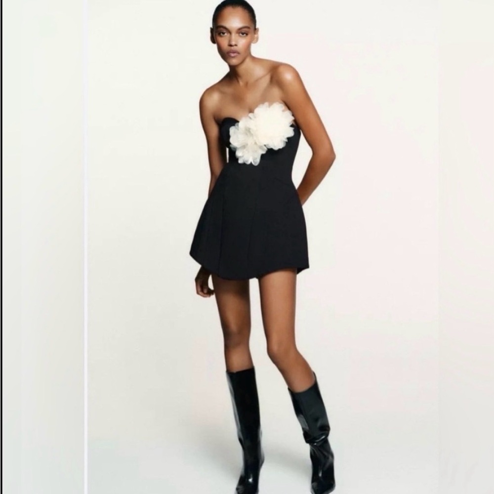 Zara Black Strapless Mini Dress with Cream Floral Applique video included